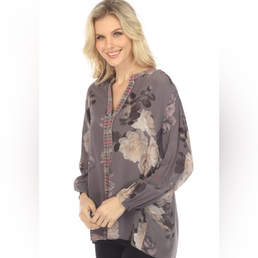 Johnny Was Gray Workshop Paris Floral Blouse with Pink Accents - Picture 2 of 11